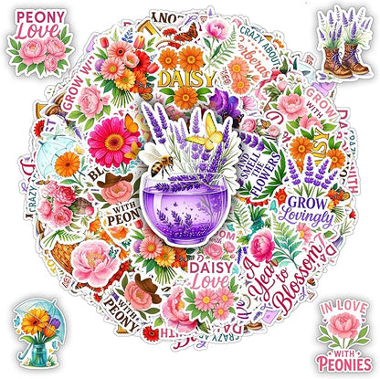 105 PCS Peony Lavender Gerbera Daisy Flower Stickers Pack Vinyl Waterproof Botanical Bloom Quote Decal for Hard Hat Bumper Car Water Bottle Scrapbook Laptop Phone Wall Gift