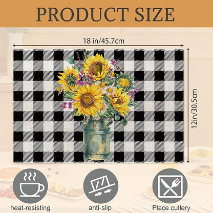 Summer Sunflower Placemats Set of 6,Washable Heat Resistant 12×18 Inch Linen Table Mats Plaid Place Mats for Party Outdoor Dining Decor