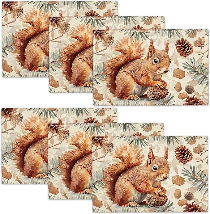 Squirrel Placemats Set of 6 Pine Cone Branch Fall Autumn Watercolor Table Mats Washable Place Mats for Home Party Indoor Kitchen Dining Table Decoration 12x18 Inch