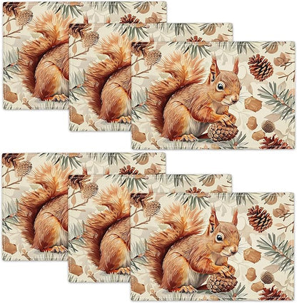 Squirrel Placemats Set of 6 Pine Cone Branch Fall Autumn Watercolor Table Mats Washable Place Mats for Home Party Indoor Kitchen Dining Table Decoration 12x18 Inch