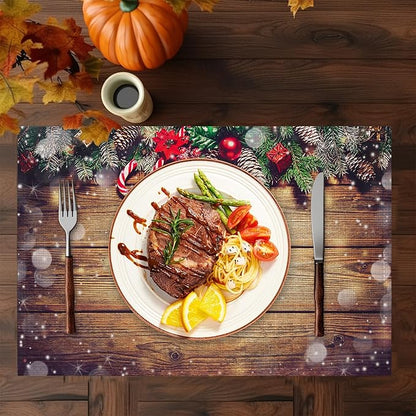 Christmas Placemats Set of 6,Washable Heat Resistant 12×18 Inch Linen Table Mats Wooden Place Mats for Party Outdoor Dining Décor
