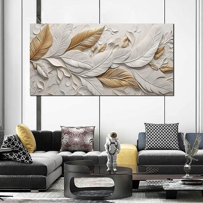 Feather Canvas Wall Art for Bedroom - White and Gold Pictures for Living Room - Modern Art Wall Decor for Office Size 29" x 59"