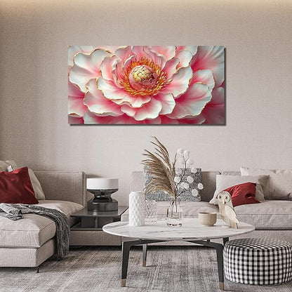 Pink & White Peony Floral Canvas Wall Art with Gold Accents, Abstract Flower Pictures for Living Room Bedroom Wall Decor, Horizontal Printed Painting Artwork Home Decorations, Size 48x24 Inches