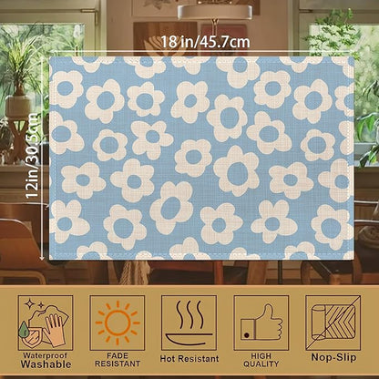 Vintage Groovy Flowers Placemats Set of 6, 12x18 Inch Waterproof Stain Resistant Linen Table Placemats Summer Seasonal Farmhouse Kitchen Party Decor Home Decor