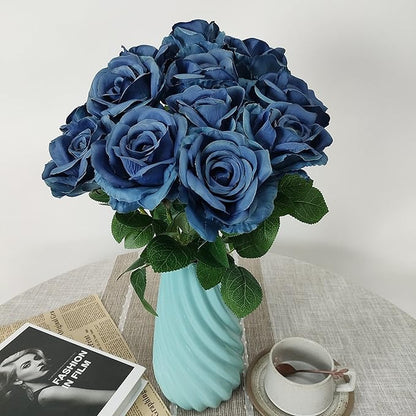 ATFL Grayish Blue Plastic Roses Bouquet,Realistic Gray Blue Flowers Artificial for Vase,12 Pcs Artificial Long Stem Fake Faux Silk Floral Roses for Decorations