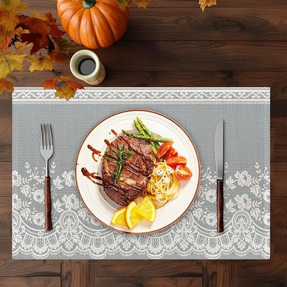Lace Flower Placemats Set of 6,Washable Heat Resistant 12×18 Inch Linen Table Mats White Gray Place Mats for Party Outdoor Dining Décor