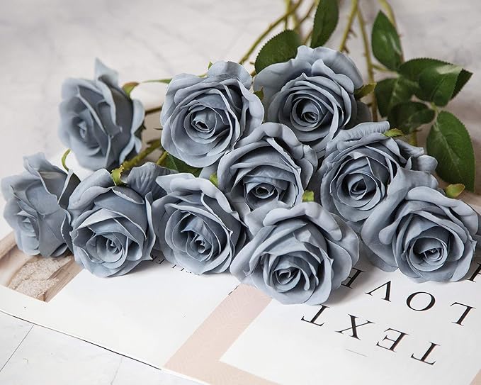 DuHouse 10pcs Fake Roses Artificial Silk Flowers Faux Dusty Blue Rose Flower Long Stems Bouquet for Arrangement Wedding Centerpiece Party Home Kitchen Decor (Dusty Blue)