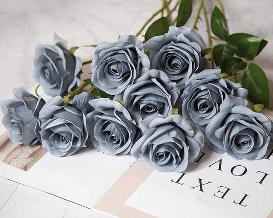 DuHouse 10pcs Fake Roses Artificial Silk Flowers Faux Dusty Blue Rose Flower Long Stems Bouquet for Arrangement Wedding Centerpiece Party Home Kitchen Decor (Dusty Blue)