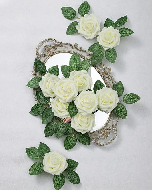 DuHouse 25Pcs Artificial Roses Flowers Fake Roses with Stems Real Touch Foam Flowers for DIY Wedding Bouquet Baby Shower Centerpiece Floral Arrangement Party Home Decor(Cream)