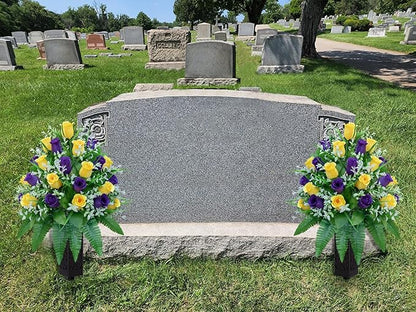Artificial Cemetery Flowers, Gravesite Decoration Roses, Memorial Bouquets with Cemetery Vase, Vibrant and Long-Lasting Colors （ Yellow+Purple, 2 Bundles