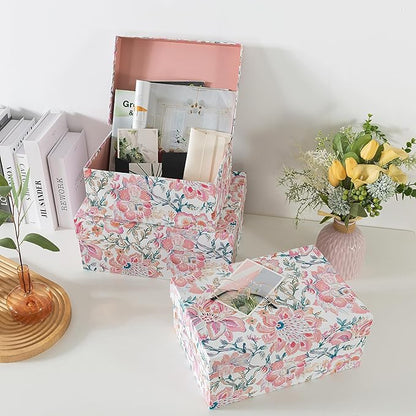 Soul & Lane Decorative Storage Boxes with Hinged Lids, Pink Chinoiserie - Set of 3 Floral Memory Keepsake Boxes with Lids, Pretty Large Cardboard Photo Storage for Organizing, Home Décor, Gifts