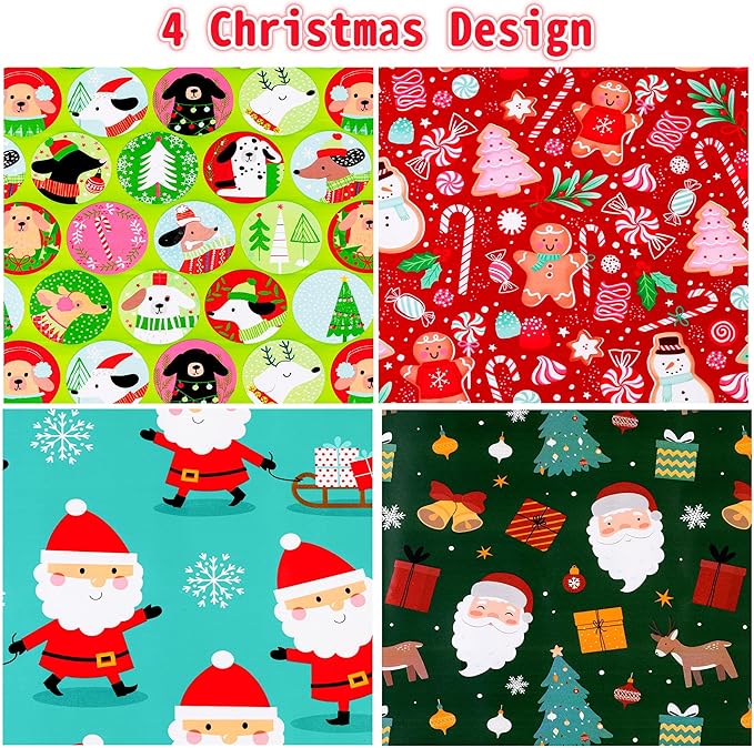 Cherubfunz Christmas Wrapping Paper (4 Rolls: 148 sq. ft. ttl) Santa Claus Carrying Gifts, Candy Cane, Reindeer, Christmas Tree/Bell, Dogs Pattern - 30 inches x 14.8 feet Per Roll