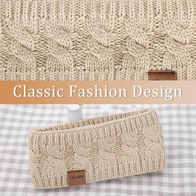 Loritta Womens Ear Warmers Headbands Winter Warm Fuzzy Cable Knit Head Wrap Fleece Lined Gifts