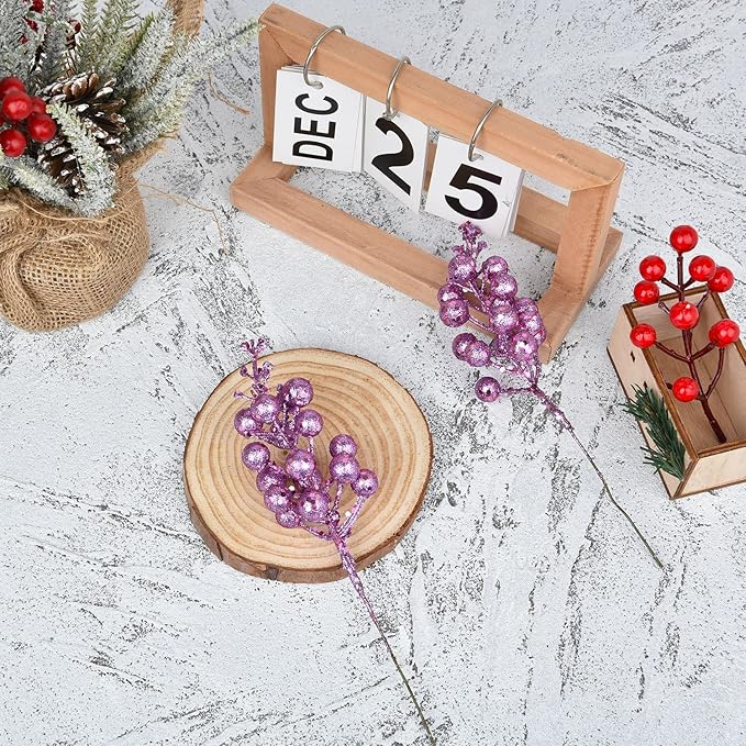 Lvydec 16pcs Christmas Glitter Berry Stems Clearance, 7.8" Artificial Christmas Picks for Christmas Tree Ornaments, DIY Xmas Wreath, Crafts, Holiday and Home Decor (Light Purple)