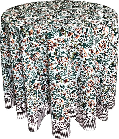 ATOSII Ambrosia Green 100% Cotton Round Tablecloth, Handblock Print Floral Table Cloth for Kitchen Dining Linen I Weddings, Outdoors, Thanksgiving, Christmas I Fall Home Decor I 72" Inches Round