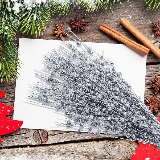 Geosar 30 Pcs Christmas Artificial Glitter Berry Stem Decorations 17 Inch Faux Stick Floral Pick Centerpiece Bouquet Flower Bead Twigs for Centerpiece Tree Wreath Xmas Ornaments Home(Silver)