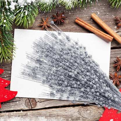 Geosar 30 Pcs Christmas Artificial Glitter Berry Stem Decorations 17 Inch Faux Stick Floral Pick Centerpiece Bouquet Flower Bead Twigs for Centerpiece Tree Wreath Xmas Ornaments Home(Silver)