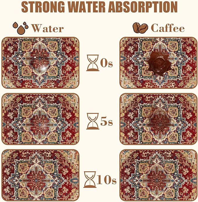 Boho Dish Drying Mat Persian Tribal Coffee Bar Mat for Countertop Absorbent Rubber Backed Hide Stain Dish Drainer Rack Pad Coffee Maker Espresso Machine Dining Room Decoration 11.8 x 19.7 Inch