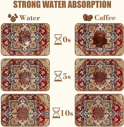 Boho Dish Drying Mat Persian Tribal Coffee Bar Mat for Countertop Absorbent Rubber Backed Hide Stain Dish Drainer Rack Pad Coffee Maker Espresso Machine Dining Room Decoration 11.8 x 19.7 Inch
