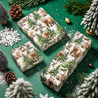 WRAPAHOLIC Kraft Christmas Wrapping Paper - Mini Roll - 17 Inch x 33 Feet - White Wild Animal Winterfall Watercolor and Christmas Tree Wrapping Paper Perfect for Holiday, Party