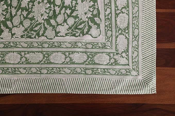 ATOSII Meraki Green 100% Cotton Spring Summer Tablecloth, Block Print Rectangle Table Cover - Dining, Parties, Outdoors, Weddings, Grand Millennial Decor 60 X 60 Inches I 4 Seater I