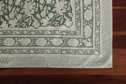ATOSII Meraki Green 100% Cotton Spring Summer Tablecloth, Block Print Rectangle Table Cover - Dining, Parties, Outdoors, Weddings, Grand Millennial Decor 60 X 60 Inches I 4 Seater I