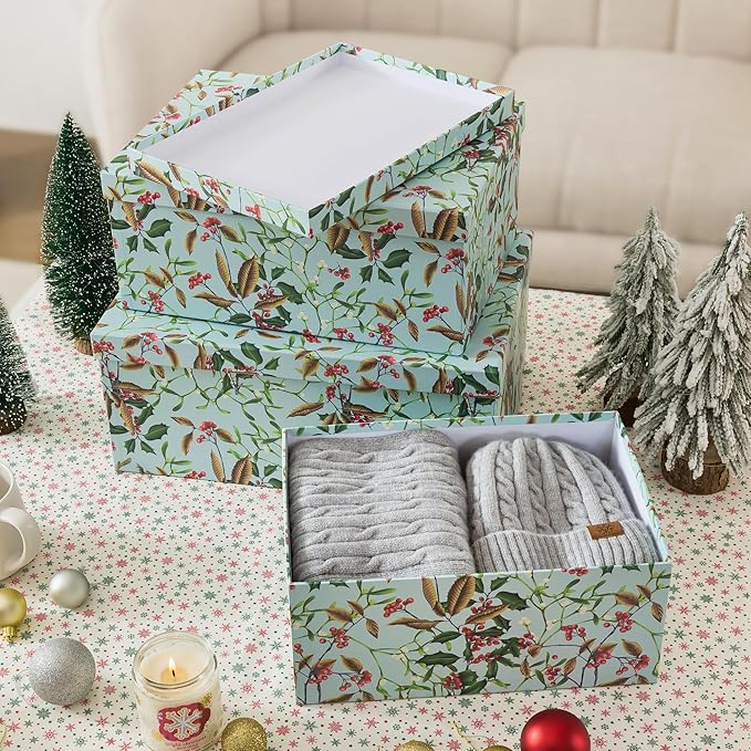 Soul & Lane Winter Berries Cardboard Boxes - Set of 3: Decorative Storage Boxes with Lids, Paper Mache Cardboard Nesting Containers, Christmas Winter Photo Cartons, Stacking Gift Wrap Storage