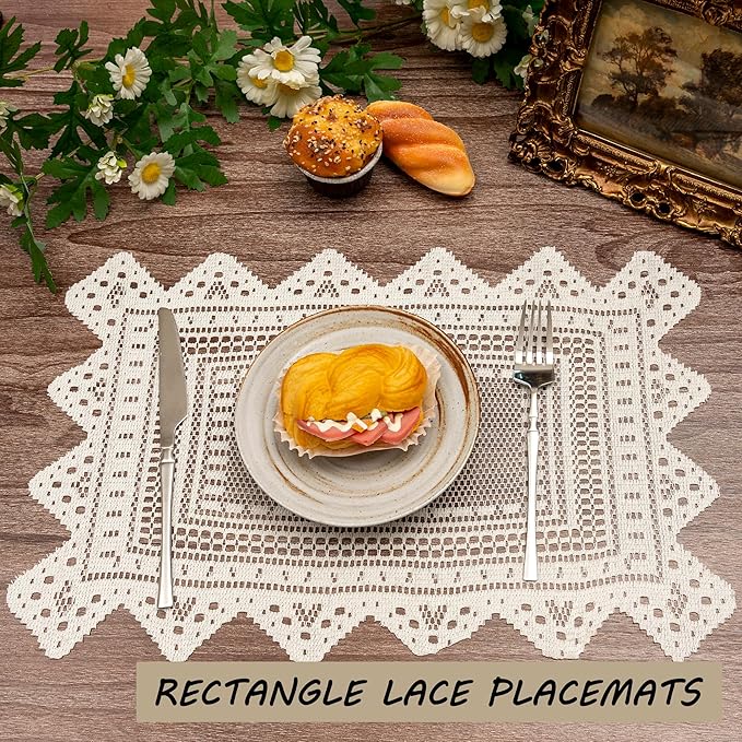 Jayla 2 Pcs Rectangle Lace Placemats for Tables Embroidered Lace Tablemats Vintage Crochet Floral Table Runner Vintage Wedding, Tea Party Decor,12x17 Inch
