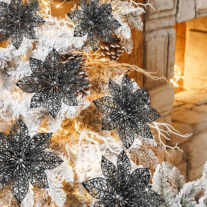 Boao Black 24 Pieces Poinsettia Flower Christmas Glitter Artificial Poinsettia with Clips Christmas Tree Ornament Decorations for DIY Xmas Wreath Holiday Home Party Decor, 3/4/6 Inches