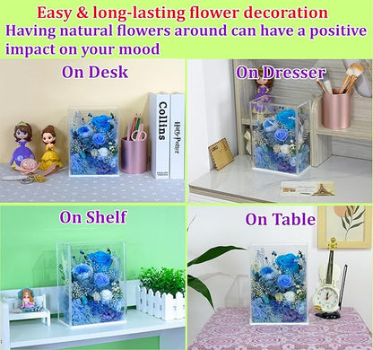 Valley of Rain & Forest Long-Lasting Real Flowers, Handcrafted Preserved Rose Bush For you to Send Love for All Occasions, Floral Arrangement for Indoor Decoration (Blue Rose)