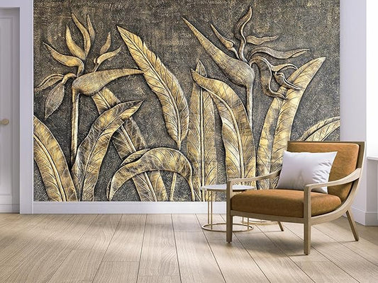 Cliouar-Golden Bird of Paradise Sculpture 3D Three-Dimensional Wallpaper Mural 158" x 110" (Not Self-Adhesive)