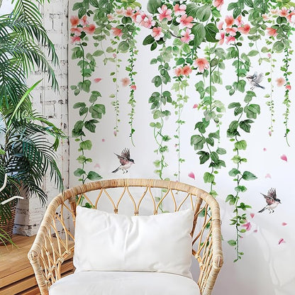 4 Sheets Green Plants Flower Wall Decals Hanging Vine Green Leaves Wall Stickers Watercolor Pink Flowers Wall Art Nature Removable Peel and Stick Wallpaper for Kids Bedroom Nursery Home Decoration 21