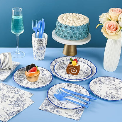 175Pcs Blue Floral Paper Plates and Napkins 25 Guests Blue Toile Chinoiserie Party Supplies Set Include Plates Napkins Cups Spoons Forks Knives for Birthday Wedding