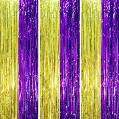 3 Pack 3.3 x 8.2 ft Purple and Gold Foil Fringe Backdrop Curtains, Tinsel Streamers Party Decorations, Fringe Backdrop, Door Shimmer for Graduation or Birthday Party