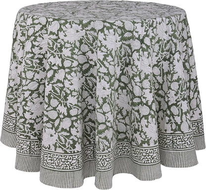 ATOSII Meraki Green 100% Cotton Round Summer Tablecloth, Block Print Floral Table Cloth for Kitchen Dining Linen I Parties, Weddings, Outdoors I Grand Millennial Home Decor 72" Inches I Memorial Day
