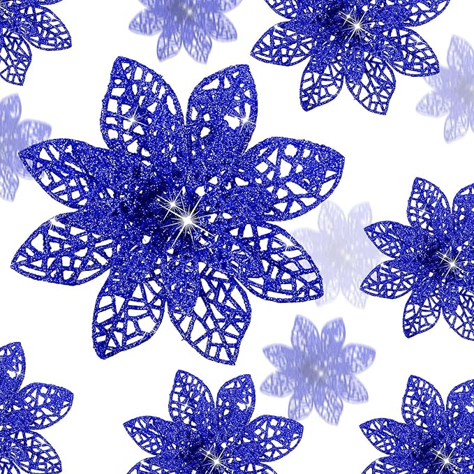 Boao Cobalt Blue 24 Pieces Poinsettia Flower Christmas Glitter Artificial Poinsettia with Clips Christmas Tree Ornament Decorations for DIY Xmas Wreath Holiday Home Party Decor, 3/4/6 Inches