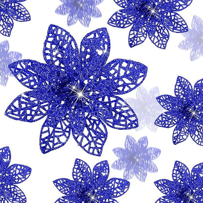 Boao Cobalt Blue 24 Pieces Poinsettia Flower Christmas Glitter Artificial Poinsettia with Clips Christmas Tree Ornament Decorations for DIY Xmas Wreath Holiday Home Party Decor, 3/4/6 Inches