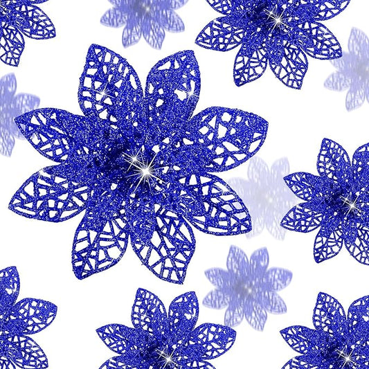 Boao Cobalt Blue 24 Pieces Poinsettia Flower Christmas Glitter Artificial Poinsettia with Clips Christmas Tree Ornament Decorations for DIY Xmas Wreath Holiday Home Party Decor, 3/4/6 Inches