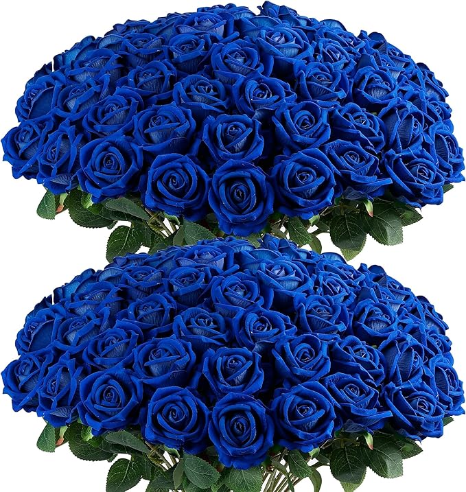 Auihiay 60PCS Fake Blue Roses, Artificial Blue Flowers, Silk Faux Rose with Long Stems for Wedding Centerpieces, Cake, DIY Floral Arrangement, Home Decor, Anniversary, Valentine's Day Decorations