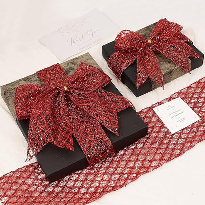 VATIN 6" Red Fall Ribbon, Red Glitter Mesh Diamond Web Sequin Dots Wired Christmas Ribbon for Gift Wrapping Bow Making Wreath Supply-10 Yards