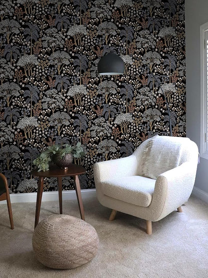 Guvana 197"x16.14" Forest Wallpaper Black Peel and Stick Wallpaper Leaf Contact Paper Floral Self Adhesive Wall Paper for Living Room Cabinets Decorative