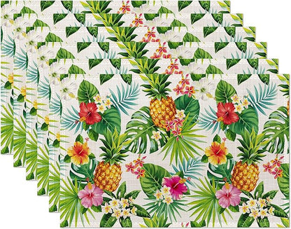 Pineapple Placemats Set of 6,Summer Hawaiian Tropical Fruit Palm Leave Flower Table Mats Non-Slip Heat Resistant Washable Placemat for Party Kitchen Dining Table Decoration Indoor Outdoor