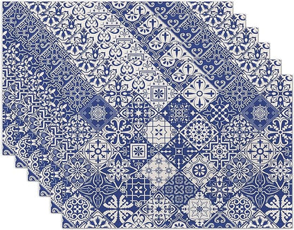 Blue Folk Ethnic Placemats Set of 6 Place Mats for Kitchen Table Washable Farmhouse Linen Table Mats Dining Decoration 12x18 Inch