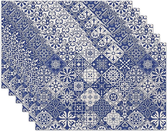 Blue Folk Ethnic Placemats Set of 6 Place Mats for Kitchen Table Washable Farmhouse Linen Table Mats Dining Decoration 12x18 Inch