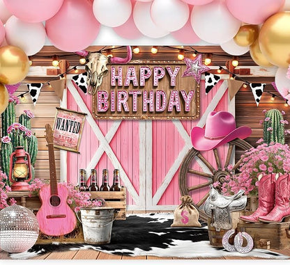 SVBright Western Cowgirl Happy Birthday Backdrop 7Wx5H Pink Barn Door Vintage Rustic Retro Wood Board Cactus Hat Boots Disco Cow Print Decorations Photography Background Banner Photo Booth Studio