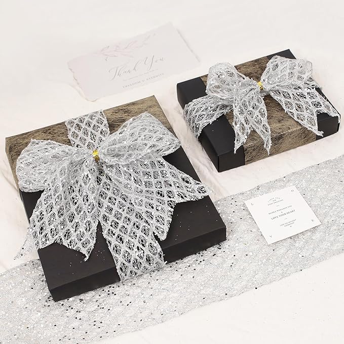 VATIN 4" Silver Christmas Ribbon, Silver Glitter Mesh Diamond Web Sequin Dots Wired Christmas Ribbon for Gift Wrapping Bow Making Wreath Supply-10 Yards