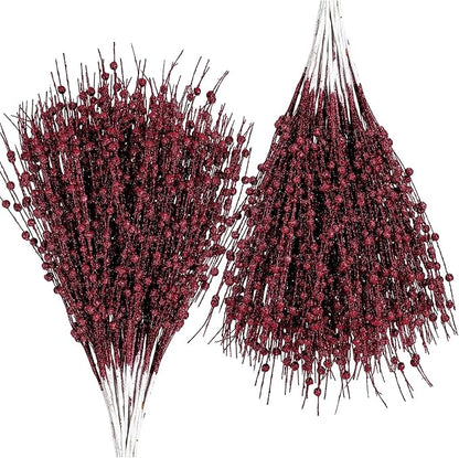 Geosar 30 Pcs Christmas Artificial Glitter Berry Stem Decorations 17 Inch Faux Stick Floral Pick Centerpiece Bouquet Flower Bead Twigs for Centerpiece Tree Wreath Xmas Ornaments Home(Burgundy)