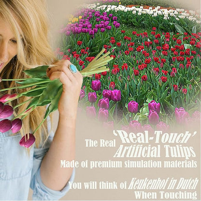 20pcs Artificial Tulip Flowers,16 Inch Real Touch Tulip Stems with Faux Leaves, Faux Tulips and Buds for Home Décor Centerpiece Ornament Wedding Bouquet,Deep Purple
