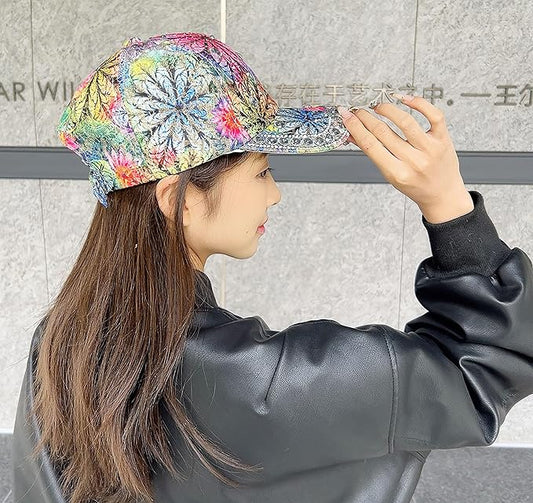 Bling Baseball Caps for Women, Rhinestone Summer Flower Baseball Hat, Adjustable Spring Fall Denim Sequin Jean Hat