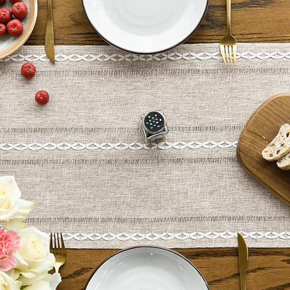Artoid Mode Brown Rustic Cotton Linen Table Runner, Seasonal Embroidered Hollow Kitchen Dining Table Decoration for Home Party Decor 13x36 Inch